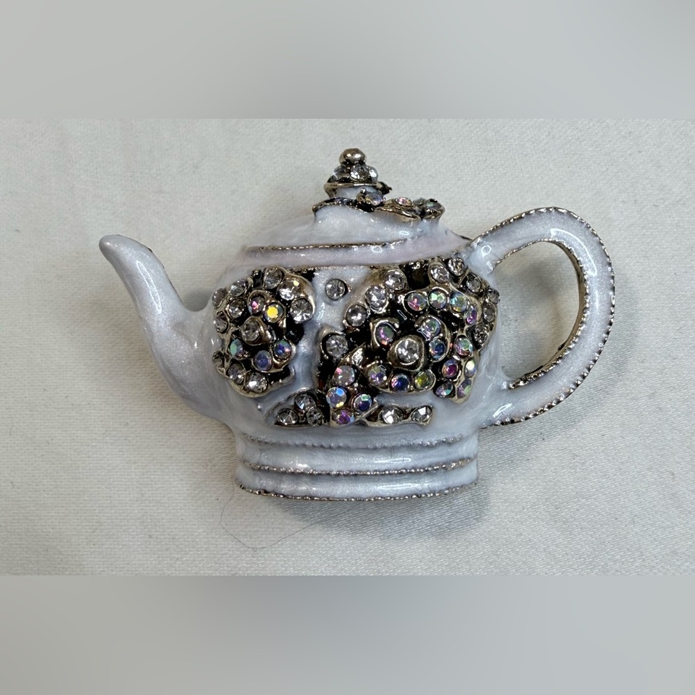 Teapot Brooch Gold Color with Pearlescent White and AB Stones NWOT